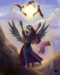 Size: 1200x1500 | Tagged: artist needed, safe, oc, oc only, oc:king phoenix, alicorn, phoenix, pony, alicorn oc, flying, horn, male, solo, spread wings, stallion, wings