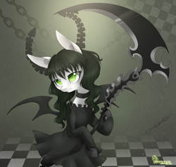 Size: 1967x1874 | Tagged: safe, artist:ls_skylight, oc, oc only, changeling, bipedal, black rock shooter, checkered floor, clothes, collar, scythe, solo