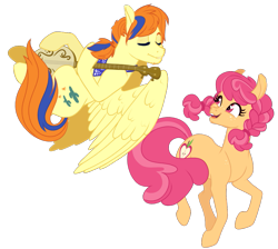 Size: 1021x915 | Tagged: safe, artist:whalepornoz, tex, oc, oc:rosie, earth pony, pegasus, pony, g1, g4, bandana, banjo, braid, eyes closed, flying, freckles, g1 to g4, generation leap, musical instrument, offspring, parent:apple bloom, parent:cherry jubilee, parent:tender taps, parents:tenderbloom, simple background, transparent background