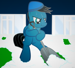Size: 3600x3300 | Tagged: safe, artist:agkandphotomaker2000, oc, oc only, oc:pony video maker, pegasus, pony, bipedal, clearing, clothes, entrance, grass, grass field, high res, male, scarf, snow, snow shovel, solo, sweat, winter hat