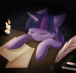 Size: 872x845 | Tagged: safe, artist:ls_skylight, twilight sparkle, pony, g4, asleep on the job, book, candle, female, inkwell, quill, sleeping, solo, tired