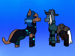 Size: 2048x1536 | Tagged: safe, artist:lightningbolt39, oc, oc only, oc:ember arrow, oc:sidewinder, original species, pony, snake, snake pony, unicorn, armors, bandage, belt, blue background, boots, clothes, clothes swap, colored sclera, ear piercing, earring, fangs, fedora, female, gloves, hat, jewelry, lesbian, looking at each other, mare, oc x oc, pants, piercing, scar, shipping, shirt, shoes, simple background, tattoo, whip
