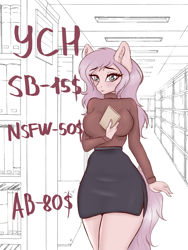 Size: 4000x5322 | Tagged: safe, artist:hierophant_green, earth pony, anthro, advertisement, auction, book, bookshelf, clothes, commission, cute, female, library, miniskirt, shy, side slit, skirt, solo, sweater, your character here