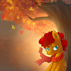 Size: 1000x1000 | Tagged: safe, artist:ls_skylight, oc, oc only, pony, autumn, clothes, leaves, scarf, solo, tree
