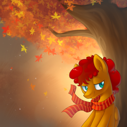 Size: 1000x1000 | Tagged: safe, artist:ls_skylight, oc, oc only, pony, autumn, clothes, leaves, lidded eyes, scarf, solo, tree, wind