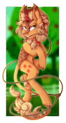 Size: 1080x2000 | Tagged: safe, artist:mintkly, applejack, kirin, g4, apple, apple tree, applejack's hat, bipedal, blurry background, cowboy hat, cutie mark, female, fence, grin, hat, kirin applejack, kirin-ified, lasso, looking at you, mouth hold, out of frame, rearing, rope, smiling, solo, species swap, tree
