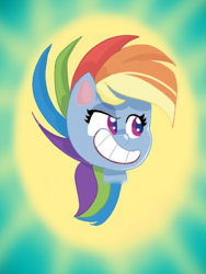Size: 768x1024 | Tagged: safe, anonymous artist, rainbow dash, pegasus, pony, g4.5, my little pony: pony life, bust, female, mare, pony life accurate, show accurate, smiling, solo, sunburst background