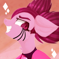 Size: 2000x2000 | Tagged: safe, artist:mintkly, ambiguous race, gem (race), gem pony, pony, abstract background, bust, cheek fluff, ear fluff, evil smile, female, gem, grin, heart eyes, high res, mare, neck fluff, nose wrinkle, pink, ponified, portrait, profile, smiling, solo, spinel, spinel (steven universe), spoilers for another series, steven universe, steven universe: the movie, wingding eyes