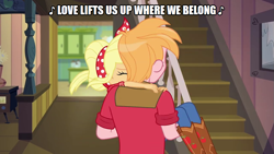 Size: 889x500 | Tagged: safe, edit, edited screencap, editor:thor-disciple, screencap, applejack, big macintosh, do it for the ponygram!, equestria girls, g4, my little pony equestria girls: better together, an officer and a gentleman, applecest, bridal carry, carrying, female, incest, male, ship:applemac, shipping, song reference, straight, up where we belong, yeehaw
