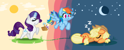 Size: 1220x500 | Tagged: safe, artist:glimglam, applejack, rainbow dash, rarity, earth pony, pegasus, pony, unicorn, g4, flying, moon, onomatopoeia, sleeping, sound effects, stars, sun, trio, walking, zzz