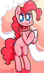 Size: 1149x1886 | Tagged: dead source, safe, artist:duckoiii, pinkie pie, earth pony, pony, g4, bipedal, chest fluff, chocolate, clothes, food, hot chocolate, scarf, solo, white pupils