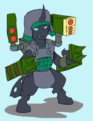 Size: 2508x3270 | Tagged: safe, alternate version, artist:omegapony16, oc, oc only, oc:oriponi, changeling, armor, bipedal, changeling oc, clothes, colored, curved horn, gun, helmet, high res, horn, missile, soldier, solo, vest, weapon