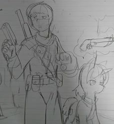 Size: 1080x1177 | Tagged: safe, artist:omegapony16, human, pony, unicorn, bag, belt, clothes, fallout, glowing horn, gun, horn, jumpsuit, lineart, lined paper, magic, male, shotgun, stallion, telekinesis, traditional art, vault suit, weapon