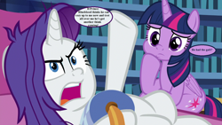 Size: 1280x720 | Tagged: safe, edit, edited screencap, editor:korora, screencap, rarity, twilight sparkle, alicorn, pony, dragon dropped, g4, angry, book, dialogue, fainting couch, implied blueblood, library, messy mane, speech bubble, twilight sparkle (alicorn), twilight's castle