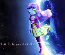Size: 1960x1660 | Tagged: safe, artist:the-butch-x, sweetie belle, gynoid, robot, equestria girls, g4, belt, clothes, cute, diasweetes, earth, female, flouting, flying, hair bun, jacket, long skirt, planet, satellite, skirt, solo, space, stars, sweetie bot, top