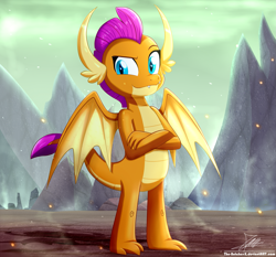 Size: 1871x1742 | Tagged: safe, artist:the-butch-x, smolder, dragon, crossed arms, dragoness, dreamworks face, female, looking at you, smiling, solo