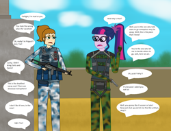 Size: 1700x1300 | Tagged: safe, artist:chittatos, sci-twi, twilight sparkle, human, equestria girls, g4, angry, assault rifle, camouflage, crossover, diner dash, english, flo (diner dash), gun, rifle, skat 9m armor, speech bubble, weapon