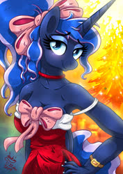 Size: 920x1300 | Tagged: safe, artist:joakaha, princess luna, anthro, alternate hairstyle, armpits, bare shoulders, bow, breasts, busty princess luna, christmas, cleavage, clothes, cute, dress, female, hair bow, hand on hip, holiday, lidded eyes, looking at you, lunabetes, ponytail, smiling, solo