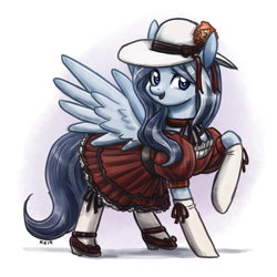 Size: 1800x1800 | Tagged: safe, artist:king-kakapo, derpibooru exclusive, oc, oc only, oc:splendence, pegasus, pony, choker, clothes, colored, cottagecore, crossdressing, cute, dress, femboy, gloves, hat, laughing, looking at you, male, mary janes, puffy sleeves, raised hoof, ribbon, secret santa, shoes, signed, simple background, smiling, socks, solo, spread wings, stallion, sun hat, trap, white background, wings