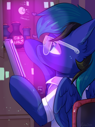 Size: 2048x2732 | Tagged: safe, artist:alphadesu, oc, oc only, oc:ender, pegasus, pony, chemistry, clothes, ear fluff, high res, lab coat, laboratory, male, notebook, potion, potions, safety goggles, science, serious, serious face, solo, stallion