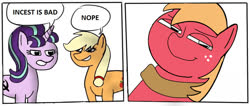 Size: 960x408 | Tagged: safe, artist:gamedevanon, edit, applejack, big macintosh, starlight glimmer, earth pony, pony, unicorn, g4, 2 panel comic, comic, communism, hammer and sickle, horn, implied applemac, implied incest, implied shipping, implied straight, incest, looking at you, meme, ponified, ponified meme, stalin glimmer, stonetoss
