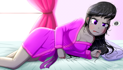 Size: 1960x1120 | Tagged: safe, artist:the-butch-x, octavia melody, equestria girls, g4, annoyed, bathrobe, bed, bed hair, bedroom, breasts, cleavage, clothes, curtains, female, messy hair, robe, sexy, signature, solo, waking up