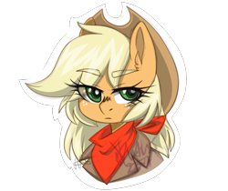 Size: 1163x975 | Tagged: safe, artist:ltlka55, artist:scarletsfeed, applejack, earth pony, pony, g4, clothes, collaboration, eye clipping through hair, female, hat, looking at you, mare, solo, speedpaint, sticker