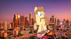 Size: 2403x1350 | Tagged: safe, artist:jeatz-axl, artist:thegiantponyfan, oc, oc only, oc:cream heart, earth pony, pony, building, california, city, female, giant pony, giantess, highrise ponies, irl, los angeles, macro, mare, photo, ponies in real life, solo