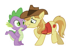 Size: 750x493 | Tagged: safe, artist:deratrox, artist:glessmlp, edit, editor:undeadponysoldier, vector edit, braeburn, spike, dragon, g4, about to kiss, clothes, cowboy hat, cute, dragon x pony, gay, hat, imminent kissing, interspecies, male, shipping, shirt, simple background, spikeburn, this will end in kisses, this will end with a kiss, vector, white background