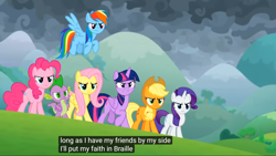 Size: 1920x1080 | Tagged: safe, edit, edited screencap, screencap, applejack, fluttershy, pinkie pie, rainbow dash, rarity, spike, twilight sparkle, alicorn, dragon, pony, g4, the ending of the end, braille, caption, mane seven, mane six, meme, twilight sparkle (alicorn), winged spike, wings, youtube caption