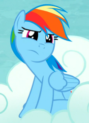 Size: 450x620 | Tagged: safe, screencap, rainbow dash, pegasus, pony, g4, tanks for the memories, cloud, cropped, female, frown, head tilt, mare, rainbow dash is best facemaker, solo