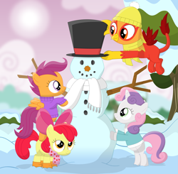 Size: 3497x3427 | Tagged: safe, artist:porygon2z, apple bloom, scootaloo, sweetie belle, oc, oc:blaze, griffon, g4, beanie, clothes, cutie mark crusaders, hat, high res, scarf, snowman, standing on back, sweater