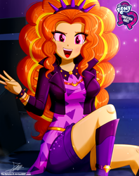 Size: 920x1160 | Tagged: safe, artist:the-butch-x, adagio dazzle, human, equestria girls, equestria girls series, find the magic, g4, sunset's backstage pass!, spoiler:eqg series (season 2), adoragio, butch's hello, clothes, cute, equestria girls logo, female, jacket, legs, looking at you, music festival outfit, open mouth, sitting, smiling, solo, spiked wristband, thighs, wristband