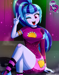 Size: 920x1160 | Tagged: safe, artist:the-butch-x, sonata dusk, human, equestria girls, equestria girls series, find the magic, g4, sunset's backstage pass!, spoiler:eqg series (season 2), blushing, butch's hello, clothes, crossed legs, cute, dress, equestria girls logo, female, legs, looking at you, minidress, music festival outfit, one eye closed, open mouth, peace sign, ponytail, sitting, smiling, socks, solo, sonatabetes, taco dress, thighs, wink