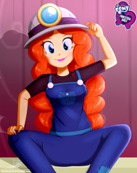 Size: 920x1160 | Tagged: safe, artist:the-butch-x, golden hazel, human, equestria girls, g4, my little pony equestria girls: better together, opening night, background human, butch's hello, clothes, cute, equestria girls logo, female, hat, helmet, lipstick, looking at you, mining helmet, overalls, sitting, smiling, solo