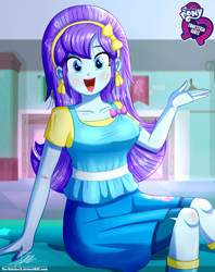 Size: 920x1160 | Tagged: safe, artist:the-butch-x, aqua blossom, human, equestria girls, g4, background human, bow, breasts, busty aqua blossom, butch's hello, cute, ear piercing, earring, equestria girls logo, female, hair bow, happy, jewelry, looking at you, open mouth, piercing, signature, sitting, smiling, solo