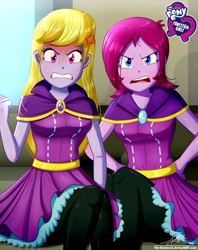 Size: 920x1160 | Tagged: safe, artist:the-butch-x, fuchsia blush, lavender lace, equestria girls, g4, angry, background human, butch's hello, cross-popping veins, duo, duo female, equestria girls logo, female, looking at you, open mouth, red face, signature