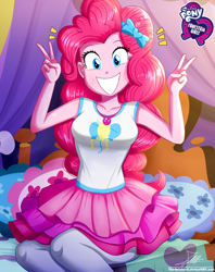 Size: 920x1160 | Tagged: safe, artist:the-butch-x, pinkie pie, human, equestria girls, g4, butch's hello, clothes, cute, cutie mark, cutie mark on clothes, diapinkes, equestria girls logo, female, geode of sugar bombs, grin, happy, leggings, looking at you, magical geodes, peace sign, rah rah skirt, signature, sitting, skirt, sleeveless, smiling, solo, teenager