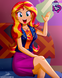 Size: 920x1160 | Tagged: safe, artist:the-butch-x, sunset shimmer, human, equestria girls, g4, arms, beautiful, breasts, bust, butch's hello, clothes, crossed legs, cute, cutie mark, cutie mark on clothes, equestria girls logo, female, geode of empathy, hand, happy, leather, leather vest, legs, long hair, looking at you, magical geodes, open mouth, open smile, shimmerbetes, short sleeves, shoulderless, signature, sitting, skirt, smiling, solo, teenager, teeth, top, vest, waving