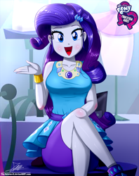 Size: 920x1160 | Tagged: safe, artist:the-butch-x, rarity, human, equestria girls, g4, beautiful, bracelet, butch's hello, clothes, crossed legs, cute, cutie mark, cutie mark on clothes, equestria girls logo, female, geode of shielding, jewelry, legs, looking at you, magical geodes, open mouth, pencil skirt, raribetes, rarity peplum dress, she got legs, signature, skirt, smiling, solo