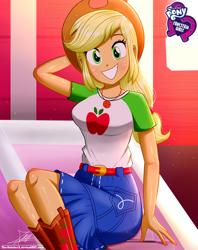Size: 920x1160 | Tagged: safe, artist:the-butch-x, applejack, human, equestria girls, g4, applejack's hat, arms, belt, boots, breasts, bust, butch's hello, clothes, collar, cowboy hat, cute, cutie mark, cutie mark on clothes, denim skirt, equestria girls logo, female, fingers, freckles, geode of super strength, grin, hair, hand, hat, jackabetes, legs, long hair, looking at you, magical geodes, ponytail, shirt, short sleeves, signature, sitting, skirt, smiling, solo, stetson, t-shirt, teenager
