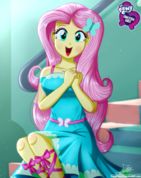 Size: 920x1160 | Tagged: safe, artist:the-butch-x, fluttershy, human, equestria girls, g4, arms, beautiful, breasts, bust, butch's hello, clothes, cute, cutie mark, cutie mark on clothes, dress, equestria girls logo, female, fingers, geode of fauna, hairpin, hand, hands together, happy, long hair, looking at you, magical geodes, open mouth, open smile, shyabetes, signature, sitting, sleeveless, smiling, solo, teenager