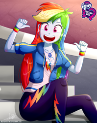 Size: 920x1160 | Tagged: safe, artist:the-butch-x, rainbow dash, human, equestria girls, g4, my little pony equestria girls: better together, arms, breasts, bust, butch's hello, clothes, cute, cutie mark, cutie mark on clothes, dashabetes, equestria girls logo, female, fingers, geode of super speed, hand, happy, leggings, long hair, looking at you, magical geodes, open mouth, open smile, pointing at self, shirt, signature, sitting, smiling, solo, stairs, sweater, sweatshirt, teenager, teeth, wristband