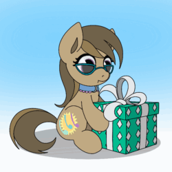 Size: 800x800 | Tagged: safe, artist:myr2a, oc, oc only, oc:dawnsong, earth pony, pony, animated, collar, female, gif, glasses, mare, mouth hold, present, solo