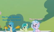 Size: 109x65 | Tagged: safe, edit, edited screencap, screencap, gallus, sandbar, silverstream, griffon, hippogriff, pony, 2 4 6 greaaat, g4, 8-bit, arms in the air, breaking the fourth wall, caption, cropped, hoof in air, image macro, looking at someone, low res image, photo, picture for breezies, sitting, stadium, text