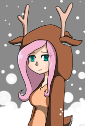 Size: 1000x1480 | Tagged: safe, artist:genericmlp, fluttershy, deer, human, g4, animal costume, breasts, busty fluttershy, christmas, clothes, costume, holiday, humanized, smiling, snow, snowfall