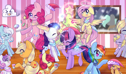 Size: 1024x603 | Tagged: safe, artist:twily-star, apple bloom, applejack, derpy hooves, dinky hooves, fluttershy, pinkie pie, rainbow dash, rarity, scootaloo, sweetie belle, twilight sparkle, oc, oc:snowdrop, alicorn, earth pony, pegasus, pony, unicorn, g4, ><, christmas, christmas tree, clothes, cloud, cookie, cupcake, cute, cutie mark crusaders, deviantart watermark, eye clipping through hair, eyes closed, female, filly, foal, food, halo, hat, holiday, mane six, mare, mother and daughter, mug, obtrusive watermark, one eye closed, open mouth, santa hat, scarf, siblings, sisters, tree, twilight sparkle (alicorn), watermark, wink