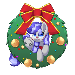 Size: 5000x5000 | Tagged: safe, artist:scarlet-spectrum, oc, oc only, oc:cinnabyte, earth pony, pony, g4, adorkable, bandana, christmas, cinnabetes, commission, cute, dork, earth pony oc, female, glasses, holiday, mare, meganekko, simple background, solo, transparent background, wreath, your character here