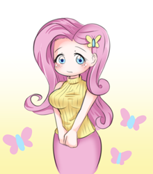 Size: 4360x4961 | Tagged: safe, artist:abyssalrabbit, fluttershy, butterfly, human, g4, absurd resolution, anime, blushing, breasts, busty fluttershy, clothes, cute, cutie mark, female, gradient background, humanized, looking at you, pixiv, shyabetes, sleeveless sweater, solo, sweater, sweatershy, turtleneck