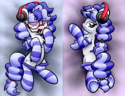 Size: 2152x1660 | Tagged: safe, artist:php142, oc, oc only, oc:cinnabyte, earth pony, pony, adorasexy, adorkable, body pillow, chest fluff, cinnabetes, clothes, cute, dork, earth pony oc, fluffy, gaming headset, glasses, headset, pigtails, sexy, socks, solo, striped socks